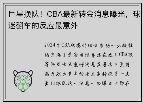 巨星换队！CBA最新转会消息曝光，球迷翻车的反应最意外