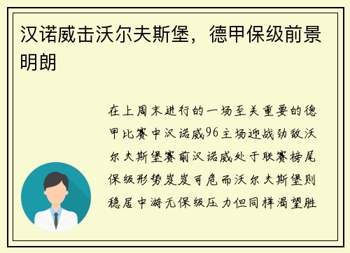 汉诺威击沃尔夫斯堡，德甲保级前景明朗