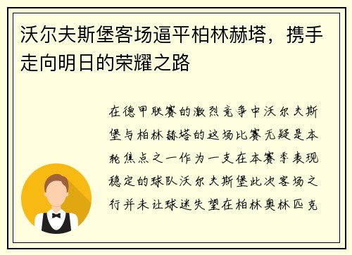 沃尔夫斯堡客场逼平柏林赫塔，携手走向明日的荣耀之路