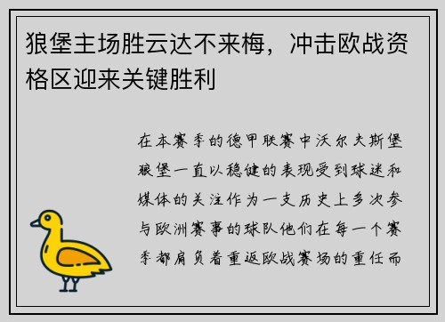 狼堡主场胜云达不来梅，冲击欧战资格区迎来关键胜利